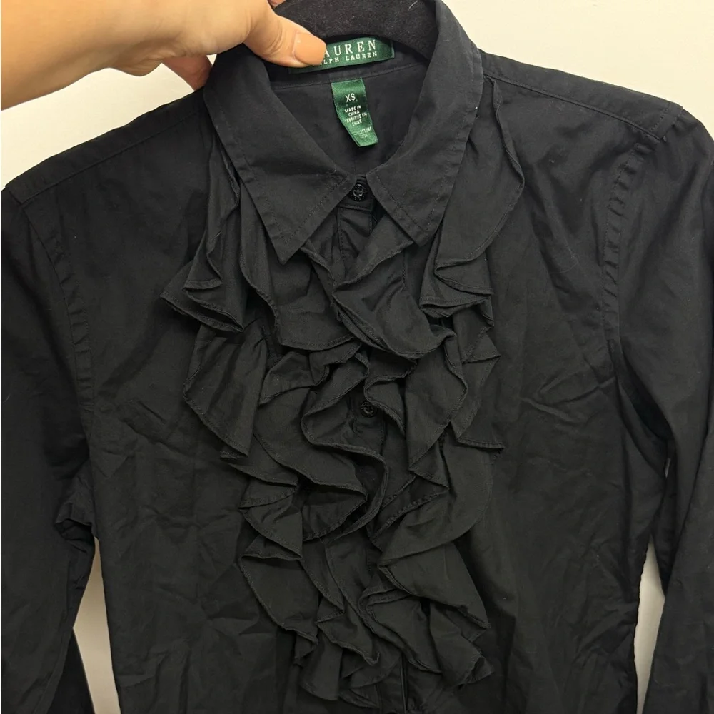 Ralph Lauren Black Ruffle Dress Shirt 100% Cotton Size XS - Picture 2 of 4